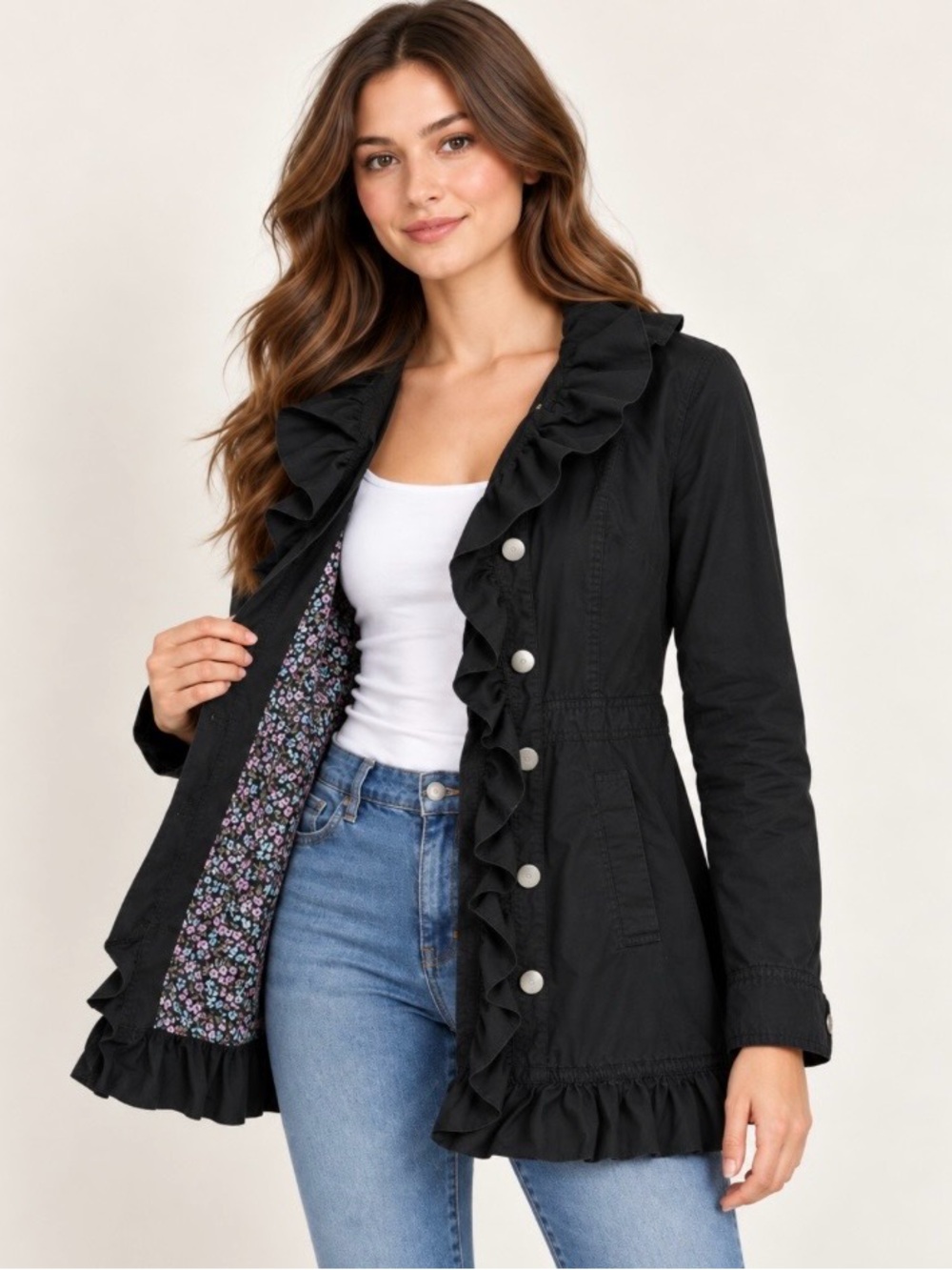 Stella Starr Black Ruffle Floral Lined Jacket Size Medium